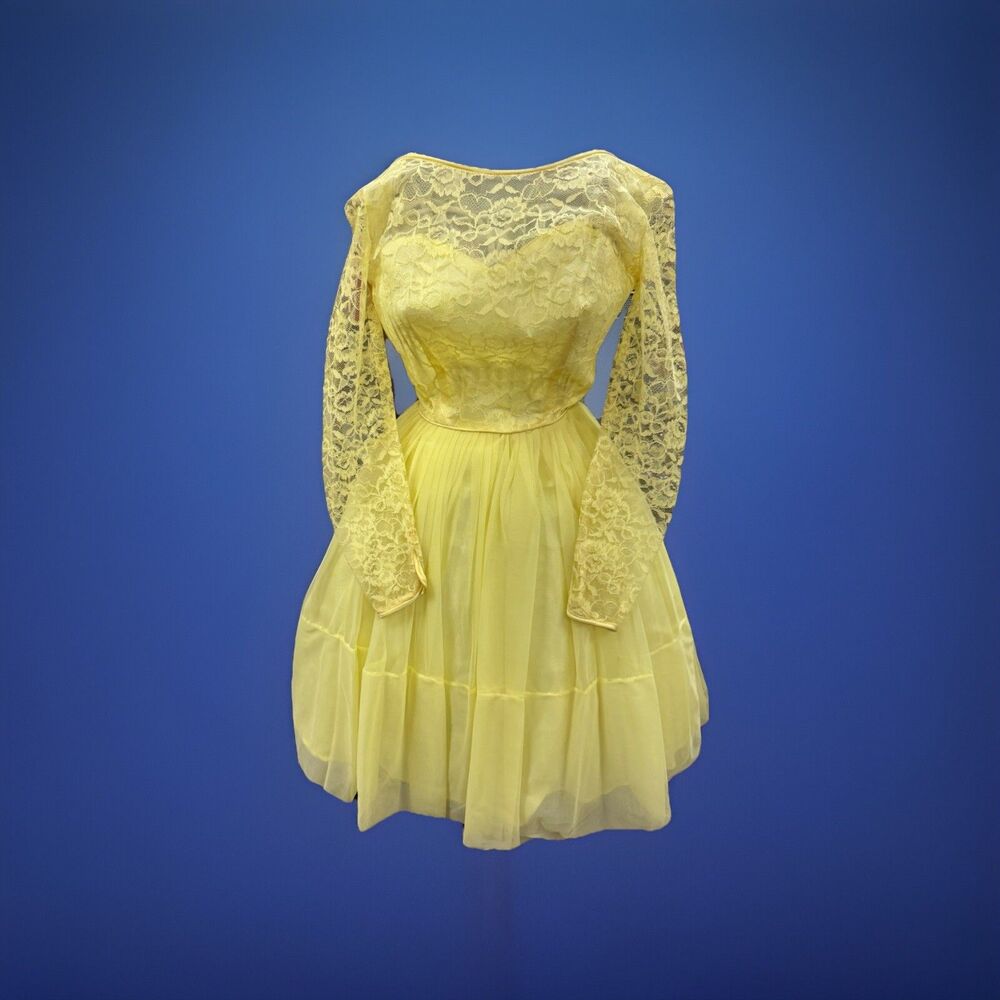 Vintage 50s Buttercup Yellow Chiffon Lace Tulle Party Dress Sweetheart Neck